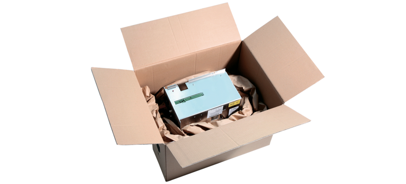 A cardboard box containing a switch box and brown paper cushioning